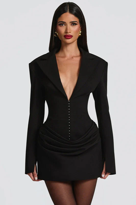 Solid Tailored Deep V Neck Slim Waist Mini Dress - Image 7