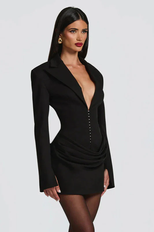 Solid Tailored Deep V Neck Slim Waist Mini Dress - Image 9