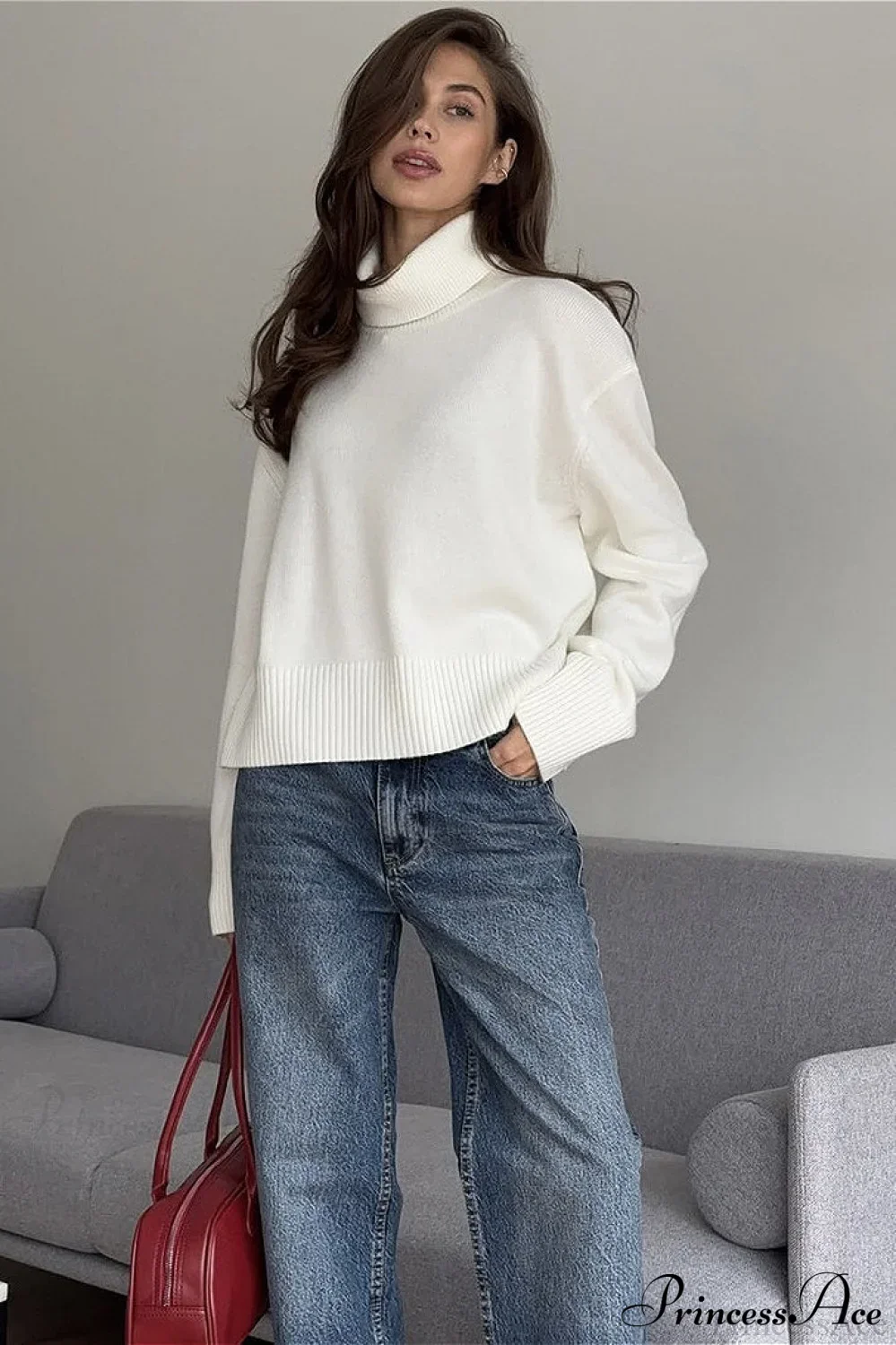 Solid Thick Short Turtleneck Loose Sweater - Image 3