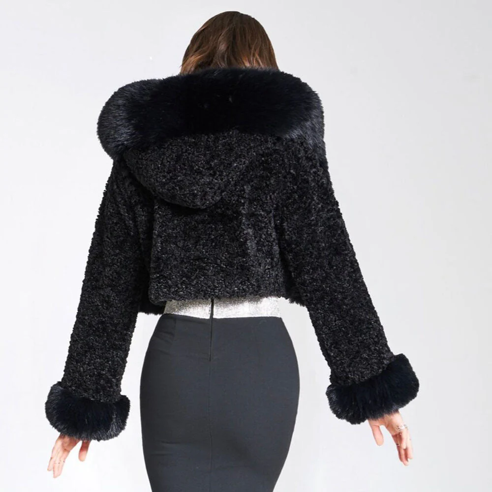 Solid Thickened Fur Collar Cropped Coat - Image 9
