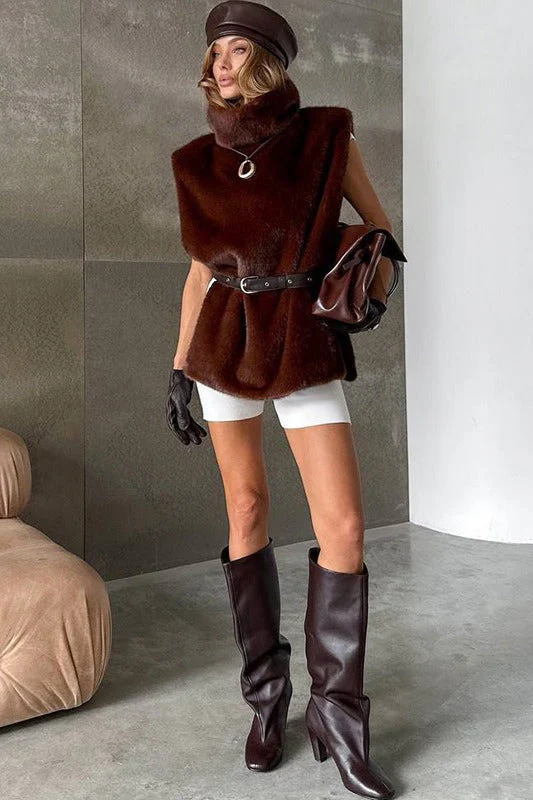 Solid Turtleneck Fuzzy Sleeveless Vest - Image 4
