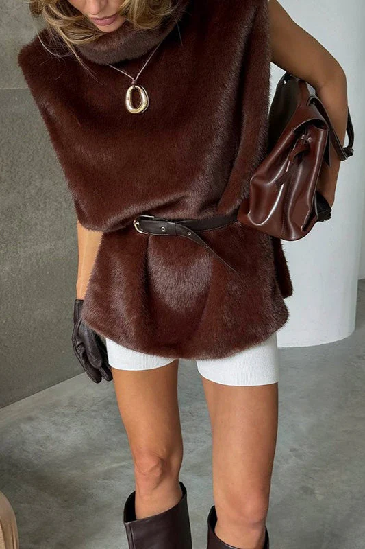 Solid Turtleneck Fuzzy Sleeveless Vest - Image 5
