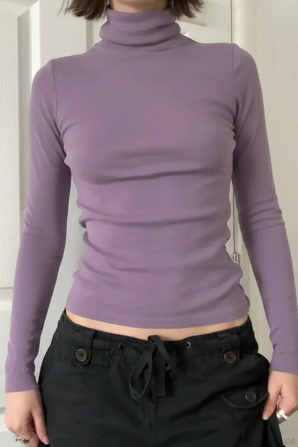 Solid Turtleneck Slim Minimalist Long Sleeve Tee - Image 2