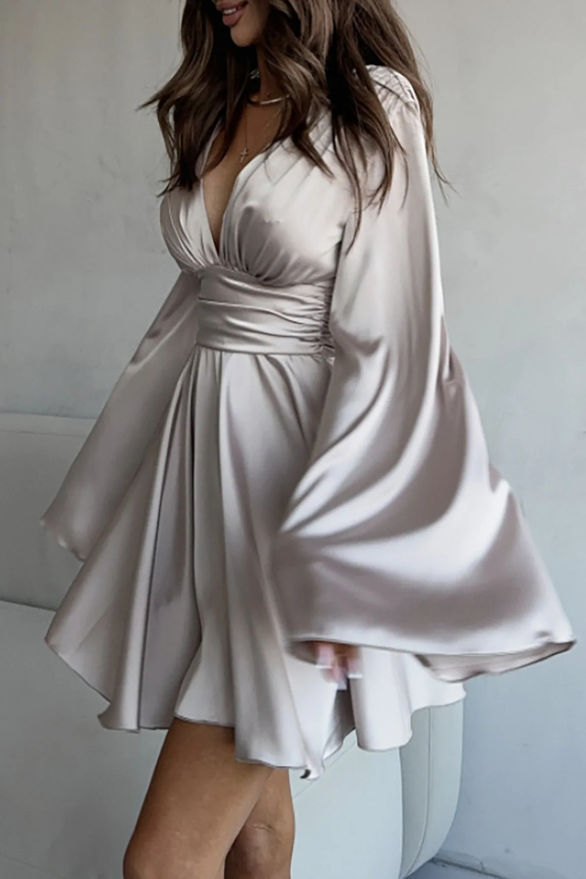 Solid V-neck Bow Snug Long-Sleeve Mini Dress - Image 11