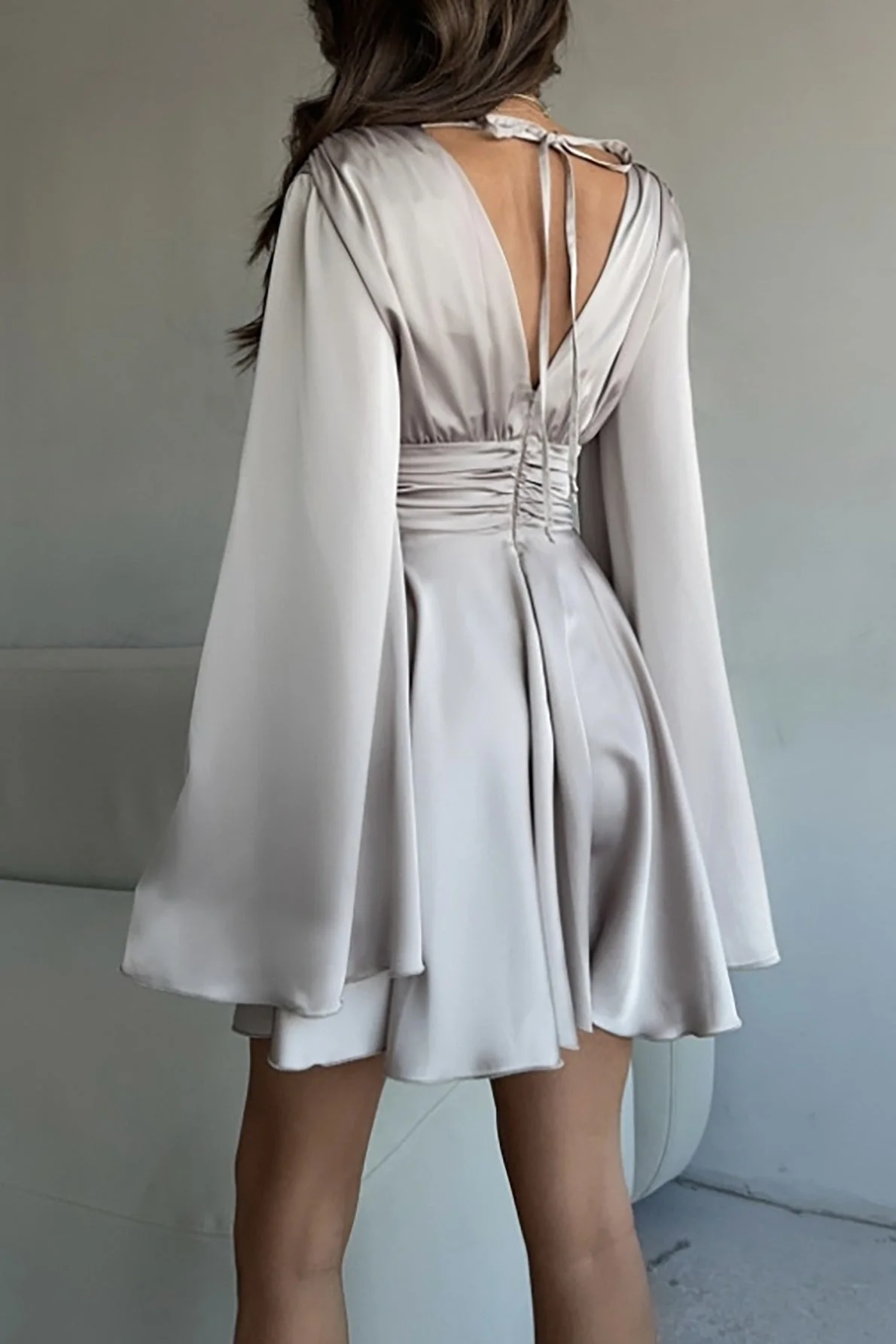Solid V-neck Bow Snug Long-Sleeve Mini Dress - Image 12