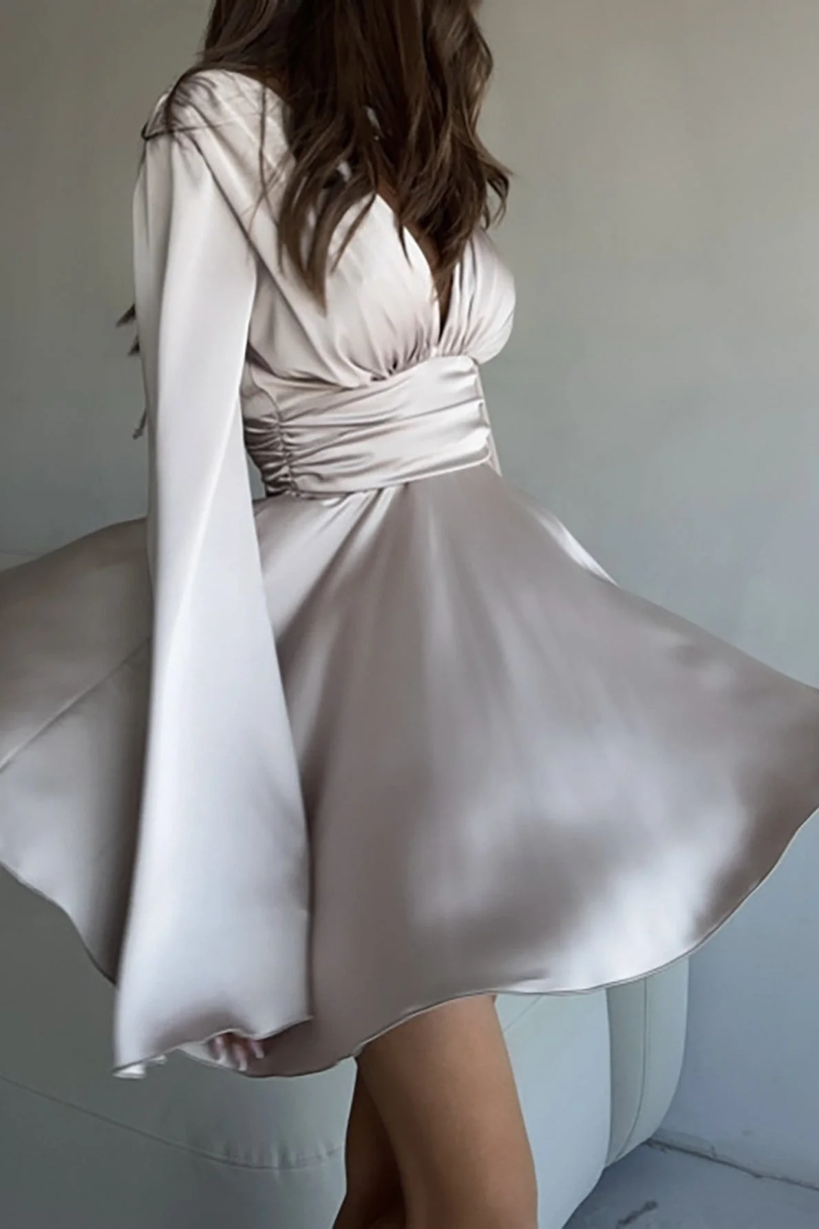 Solid V-neck Bow Snug Long-Sleeve Mini Dress - Image 13
