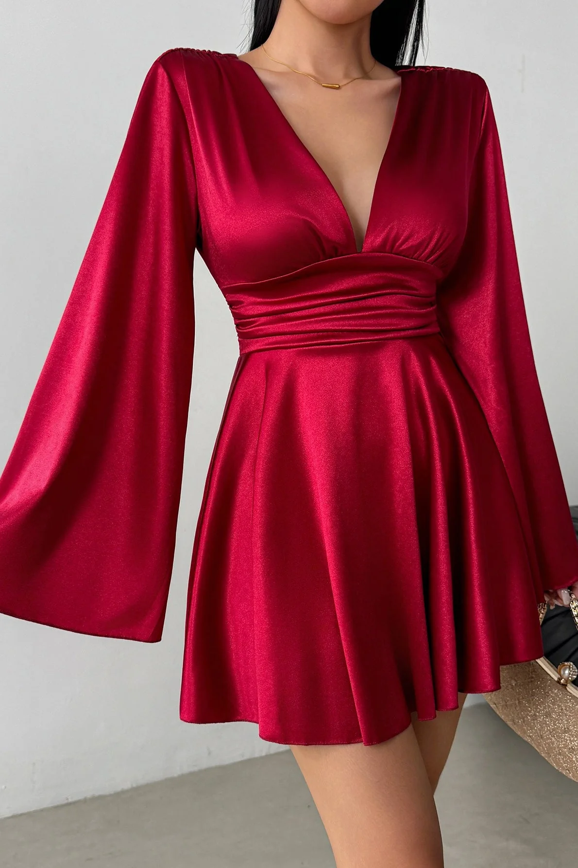 Solid V-neck Bow Snug Long-Sleeve Mini Dress - Image 2