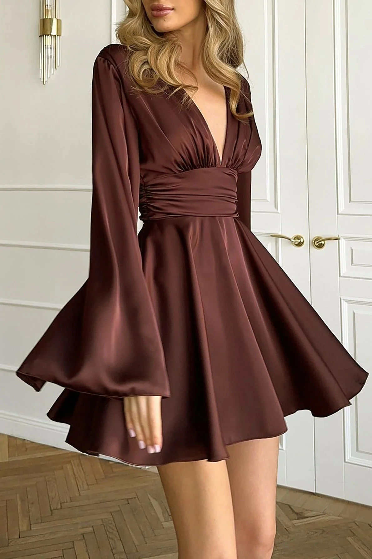 Solid V-neck Bow Snug Long-Sleeve Mini Dress - Image 6