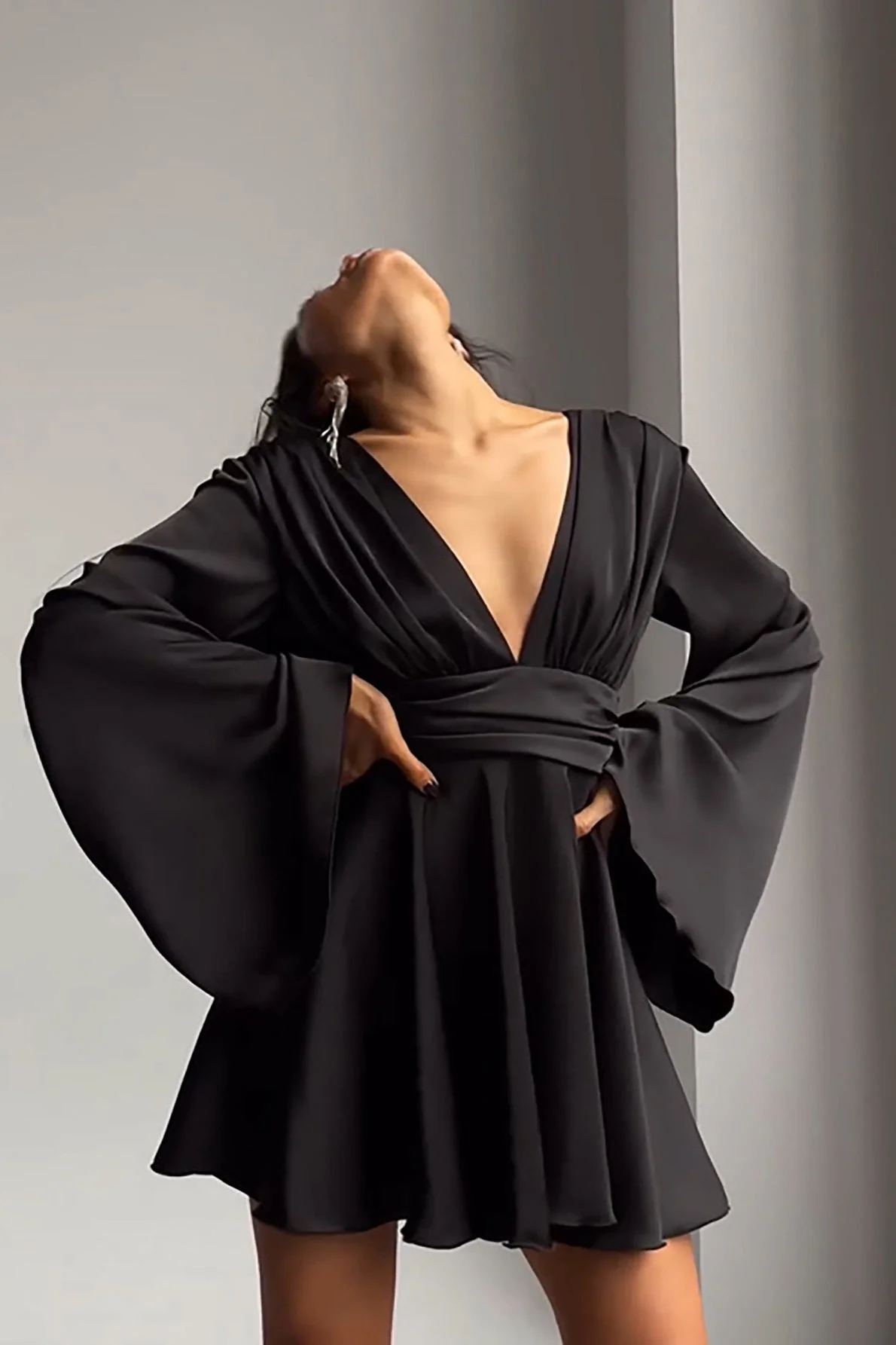 Solid V-neck Bow Snug Long-Sleeve Mini Dress - Image 8