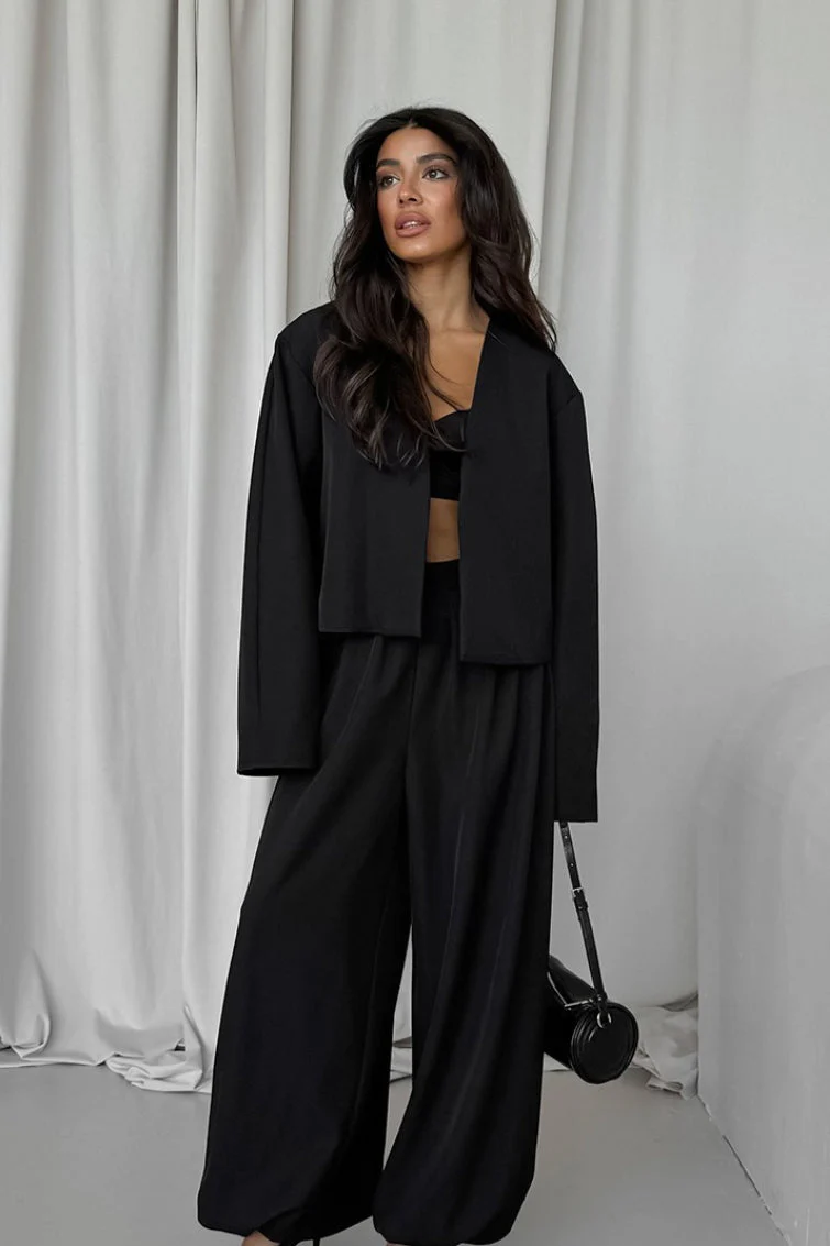 Solid V-neck Cardigan Tapered Two Piece Set - Image 3