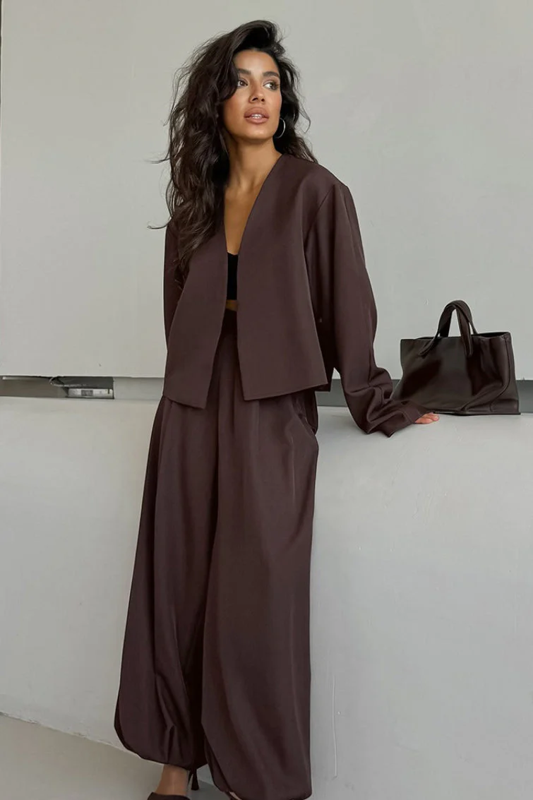 Solid V-neck Cardigan Tapered Two Piece Set - Image 7