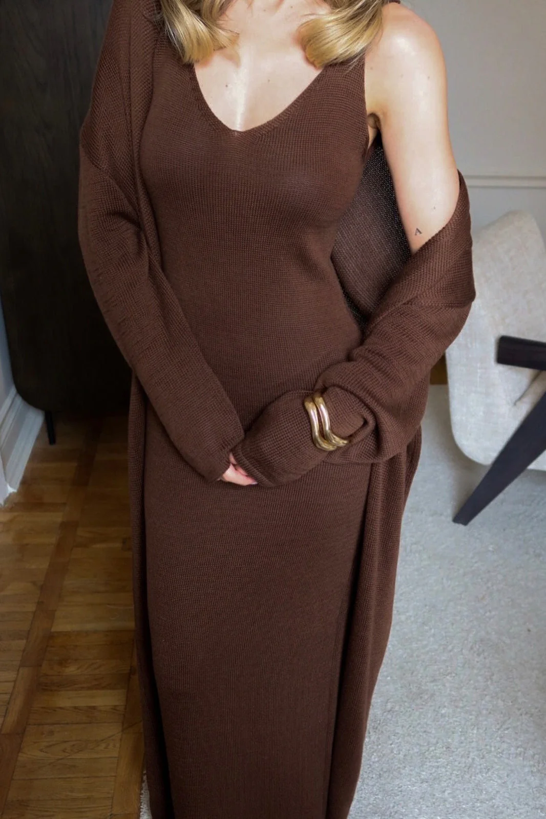 Solid V Neck Cotton Knit Bodycon Two Piece Set - Image 12