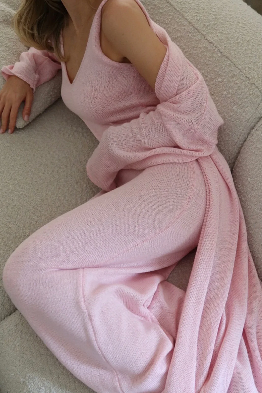 Solid V Neck Cotton Knit Bodycon Two Piece Set - Image 2