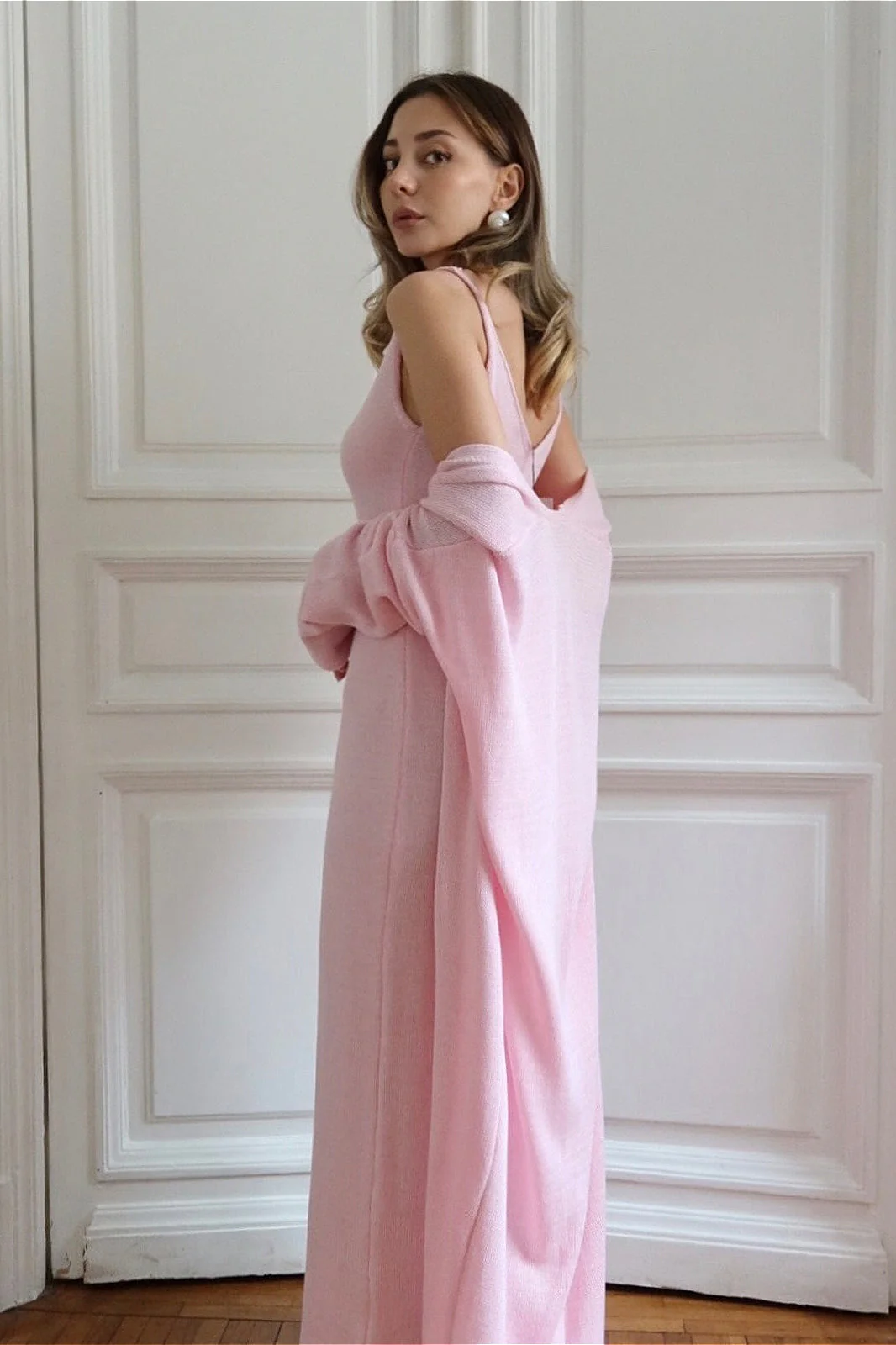 Solid V Neck Cotton Knit Bodycon Two Piece Set - Image 3