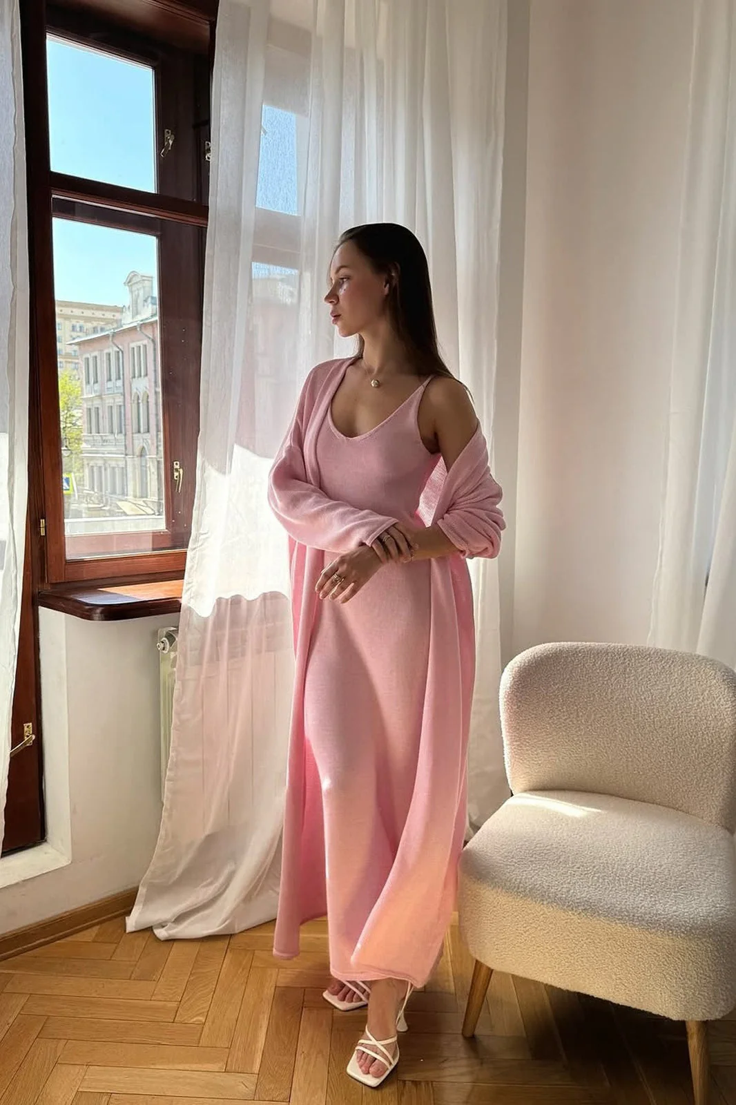 Solid V Neck Cotton Knit Bodycon Two Piece Set - Image 6