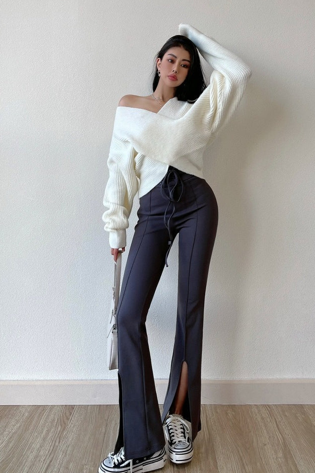 Solid V-Neck Crisscross Cold Shoulder Asymmetric Sweater - Image 4