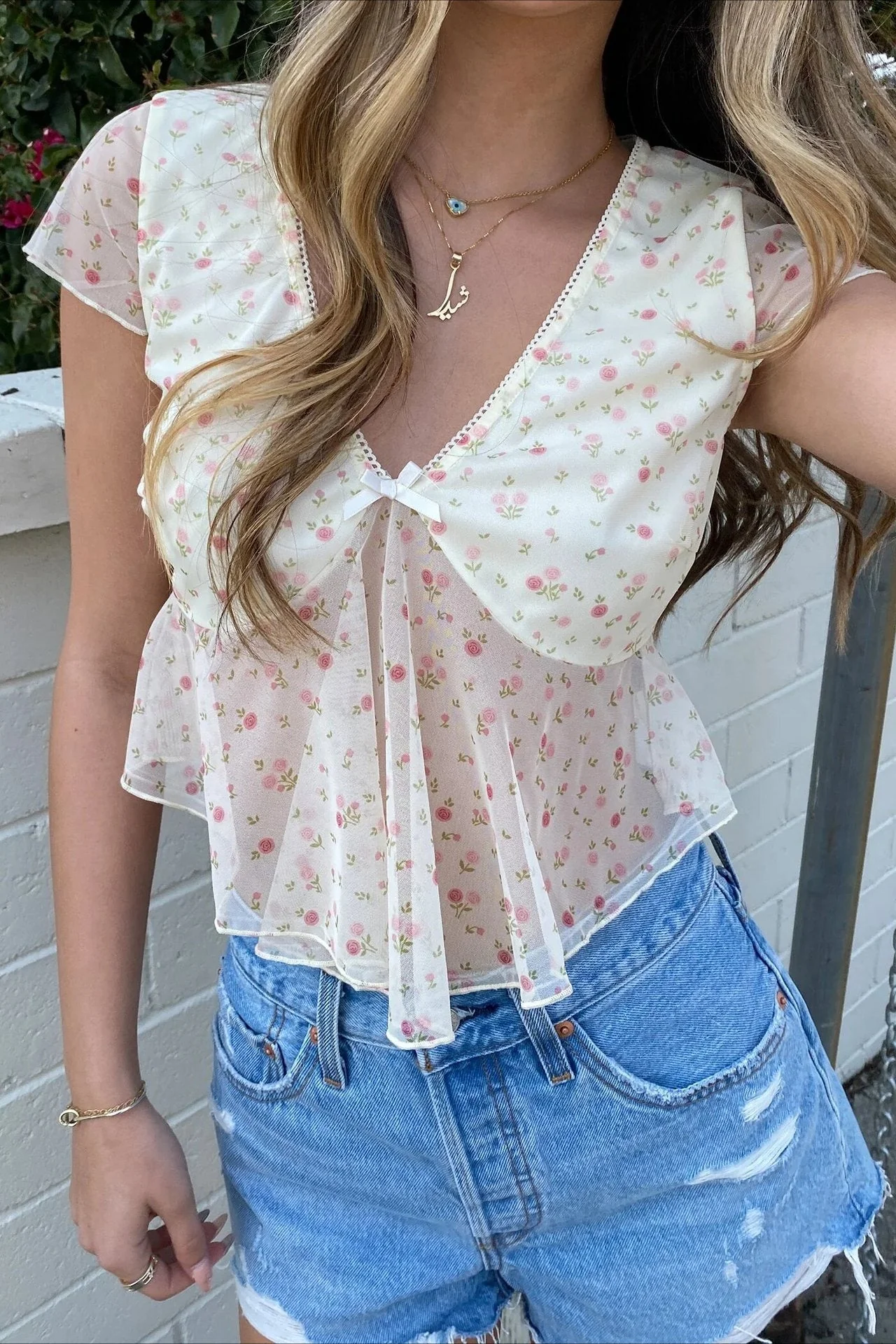 Solid V Neck Floral Mesh Blouse - Image 2