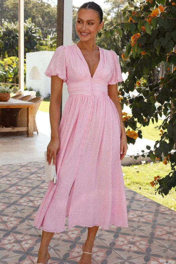 Solid V Neck Puff Sleeve Flared Midi Dress - Image 11