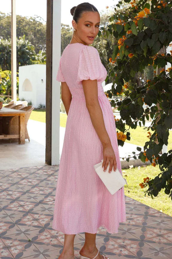 Solid V Neck Puff Sleeve Flared Midi Dress - Image 13