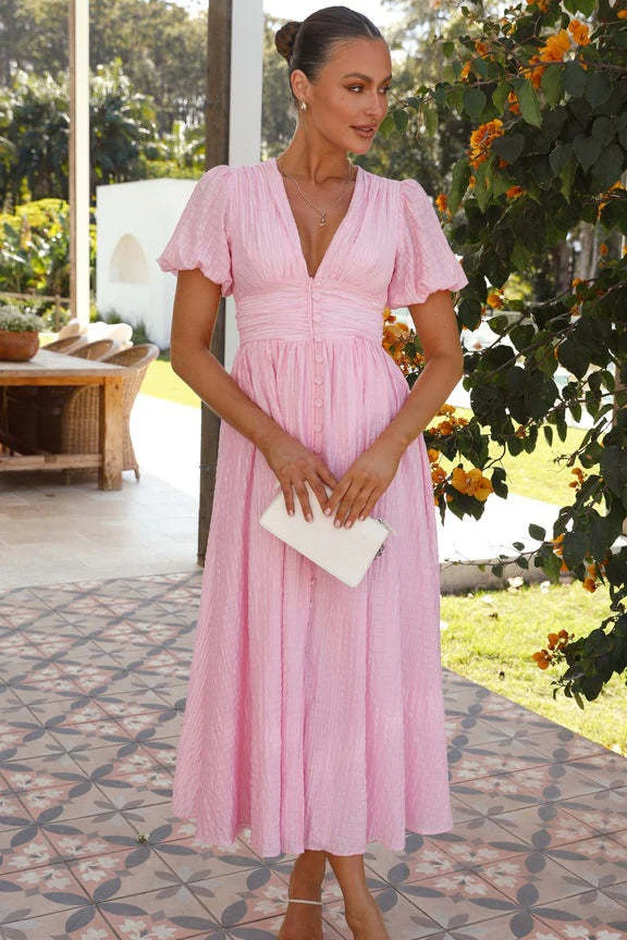 Solid V Neck Puff Sleeve Flared Midi Dress - Image 14