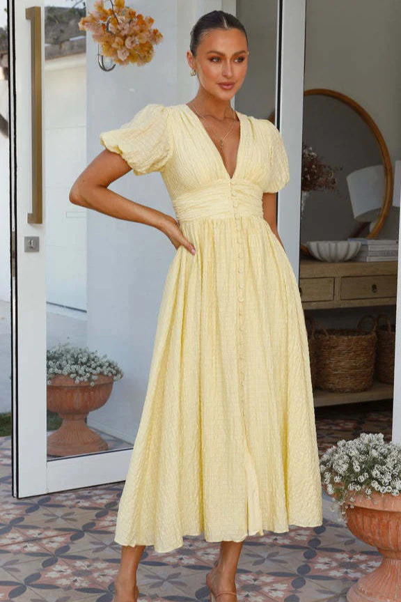 Solid V Neck Puff Sleeve Flared Midi Dress - Image 2