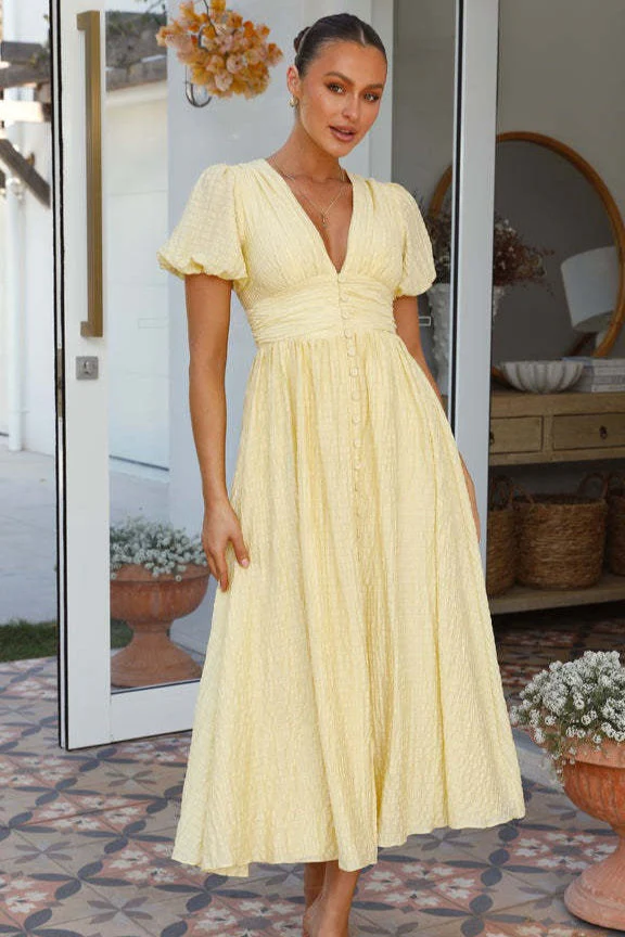 Solid V Neck Puff Sleeve Flared Midi Dress - Image 3