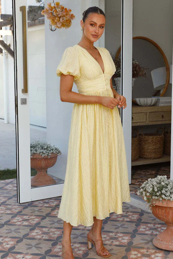 Solid V Neck Puff Sleeve Flared Midi Dress - Image 5