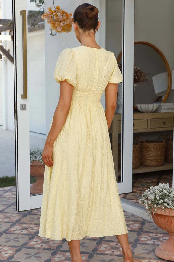 Solid V Neck Puff Sleeve Flared Midi Dress - Image 6