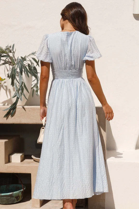 Solid V Neck Puff Sleeve Flared Midi Dress - Image 9