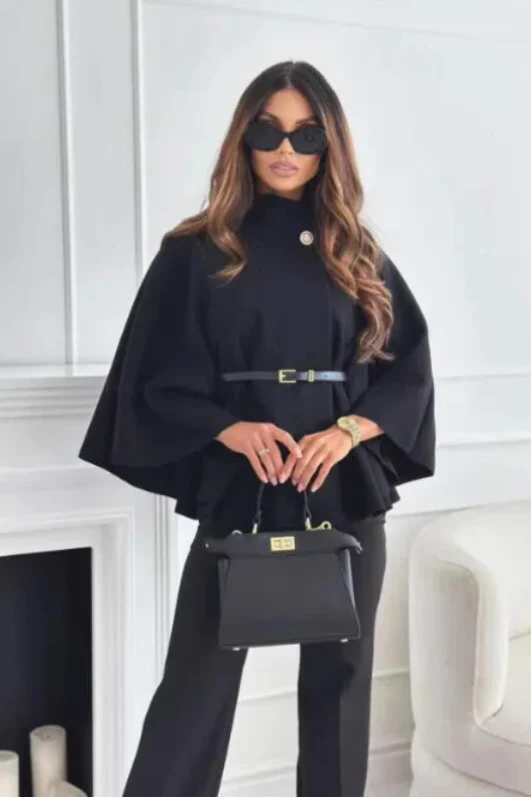 Solid Waist Tie Elegant Chic Wool Cape Coat - Image 3