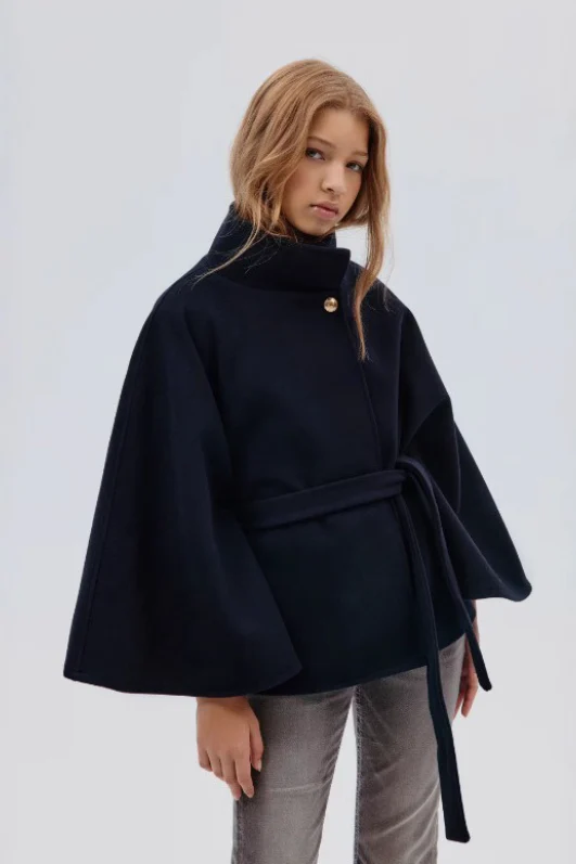 Solid Waist Tie Elegant Chic Wool Cape Coat - Image 4