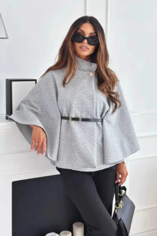Solid Waist Tie Elegant Chic Wool Cape Coat - Image 6