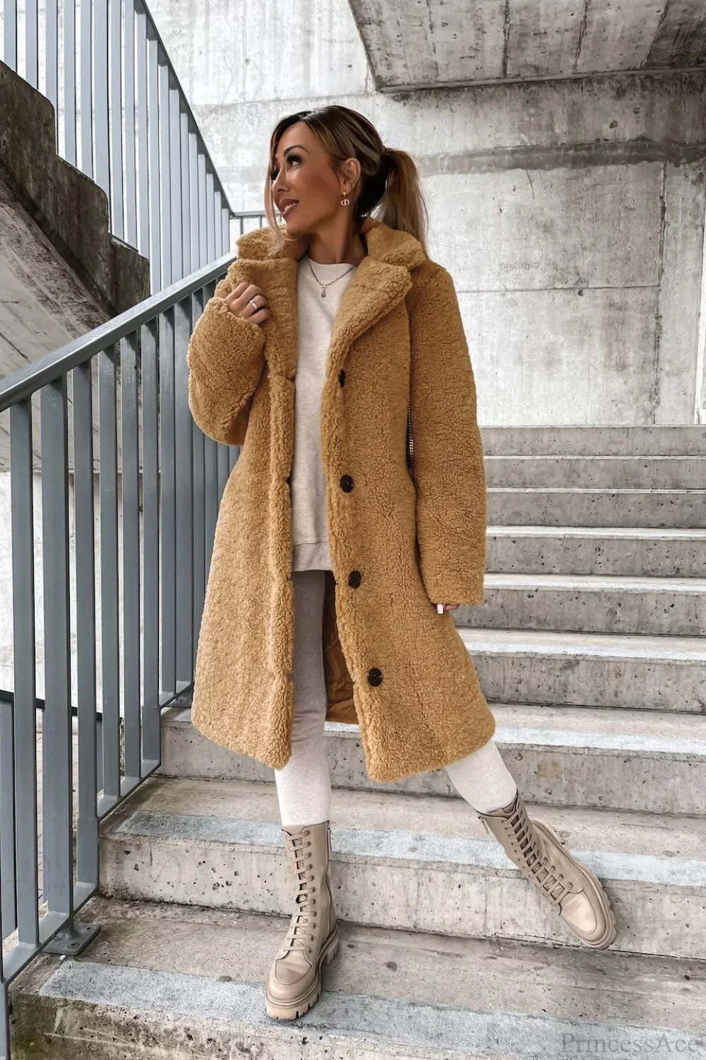 Solid Warm Faux Fur Lapel Overcoat - Image 2