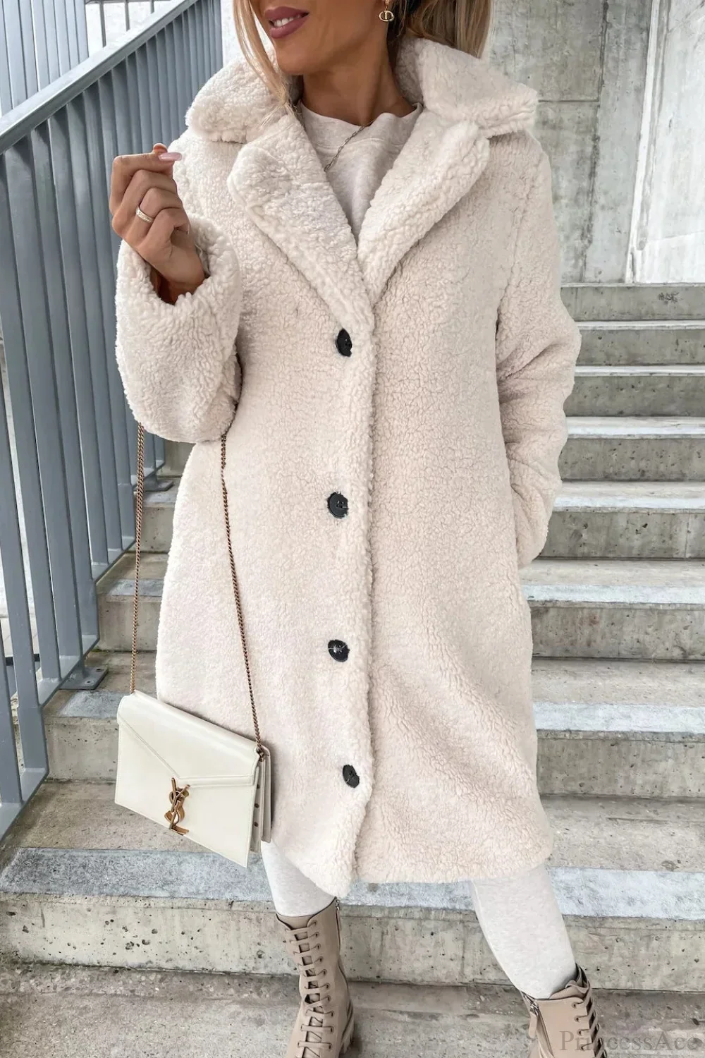 Solid Warm Faux Fur Lapel Overcoat - Image 3