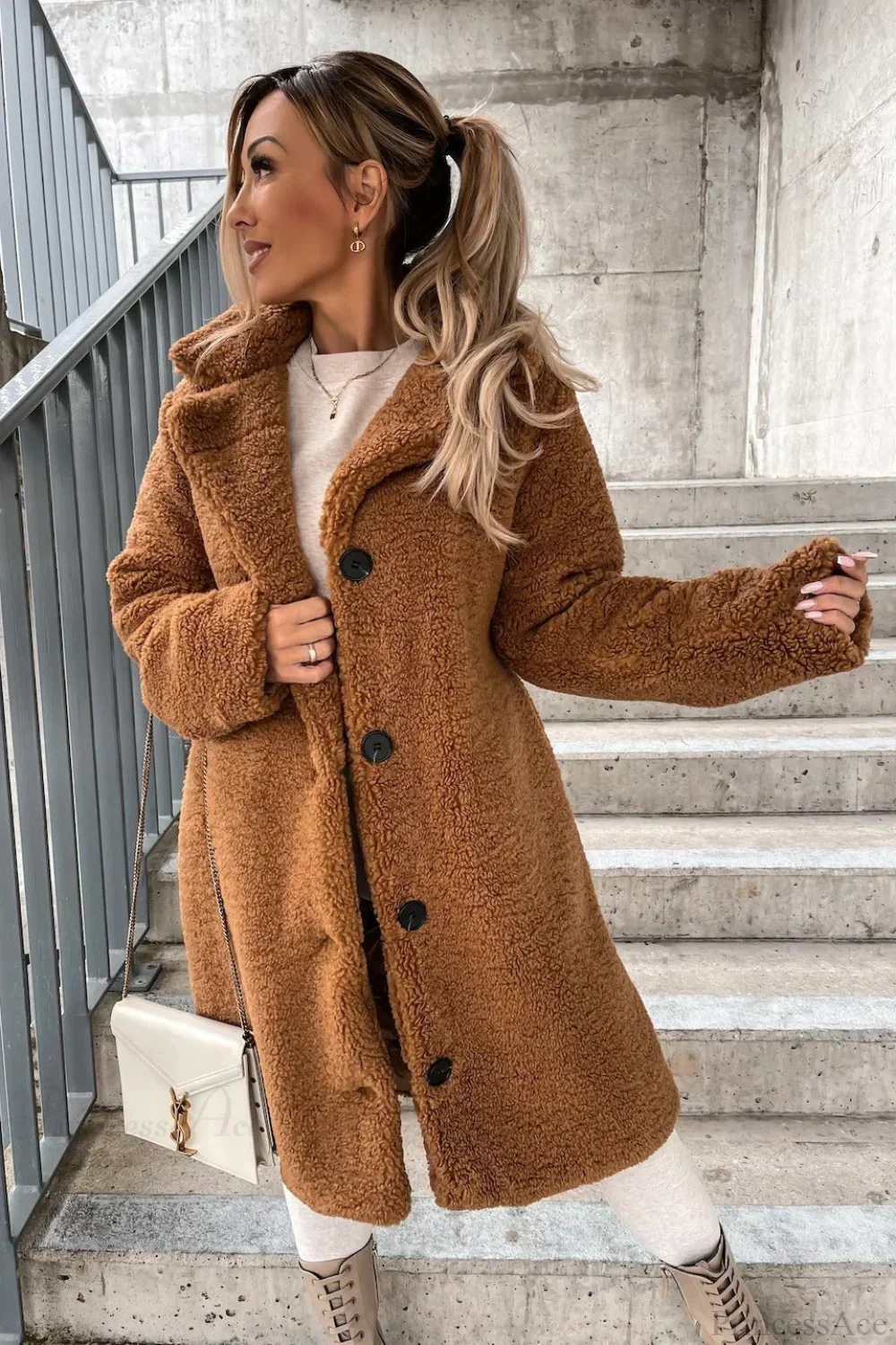 Solid Warm Faux Fur Lapel Overcoat - Image 6