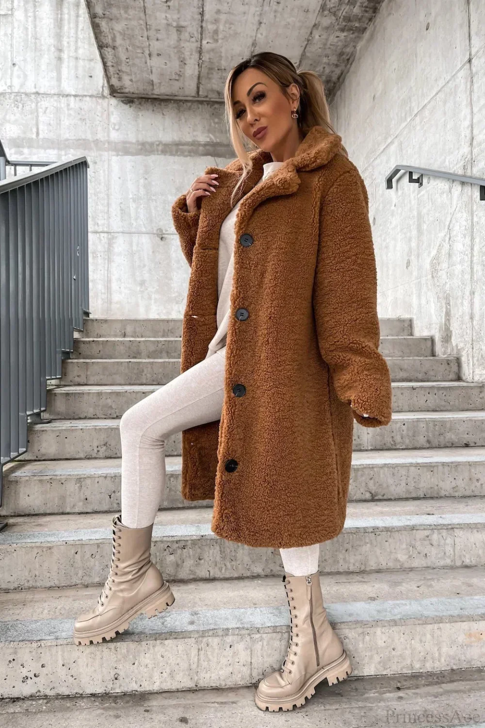 Solid Warm Faux Fur Lapel Overcoat - Image 7