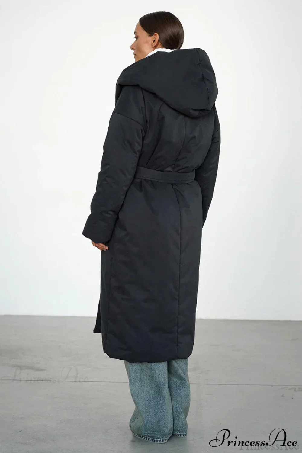 Solid Warm Long Hooded Belted Cotton Puffer Overcoat - Image 10
