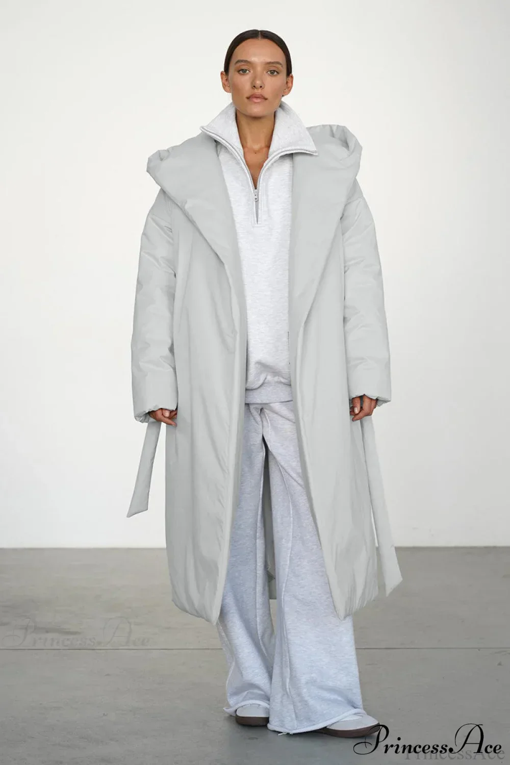 Solid Warm Long Hooded Belted Cotton Puffer Overcoat - Image 2