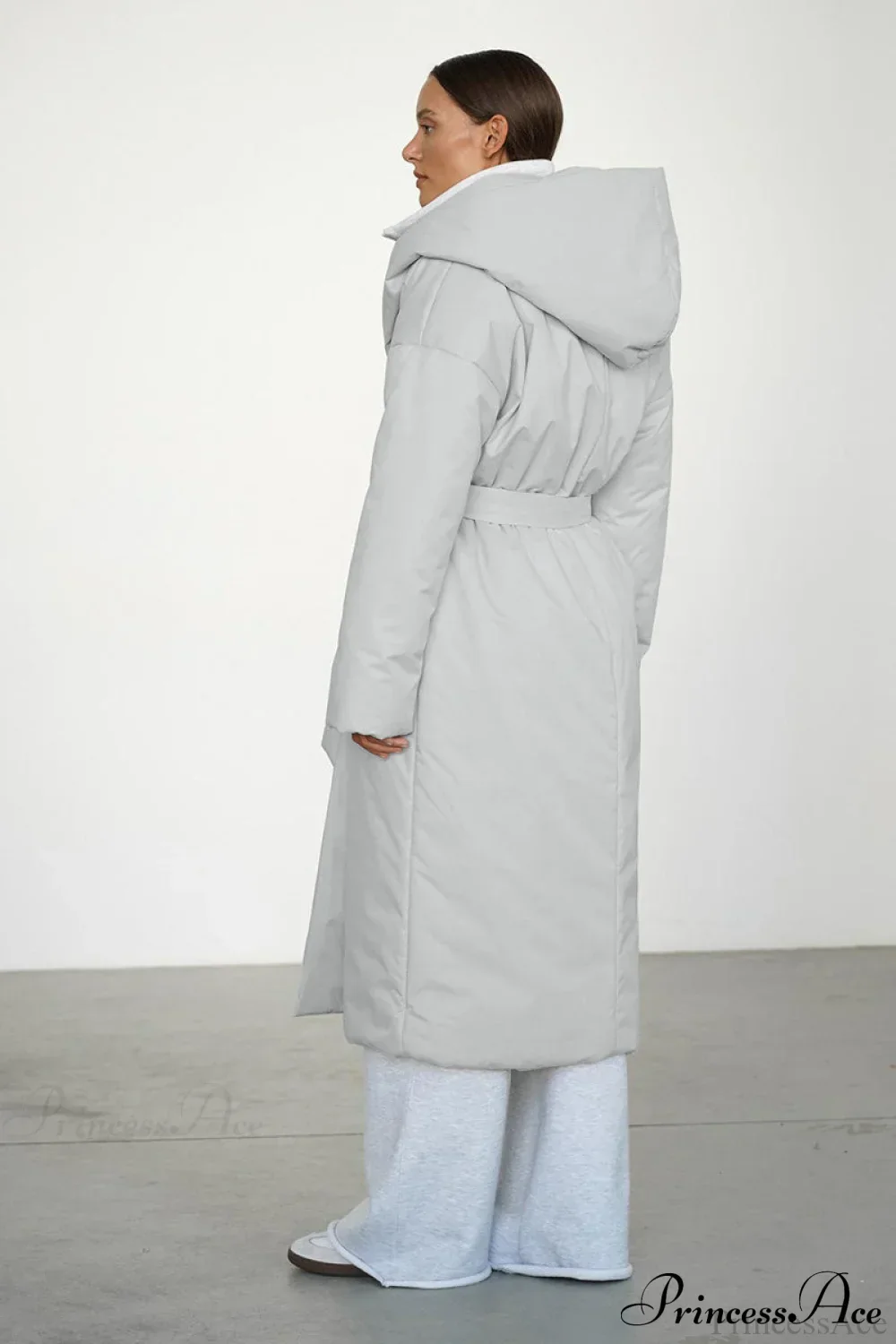 Solid Warm Long Hooded Belted Cotton Puffer Overcoat - Image 3