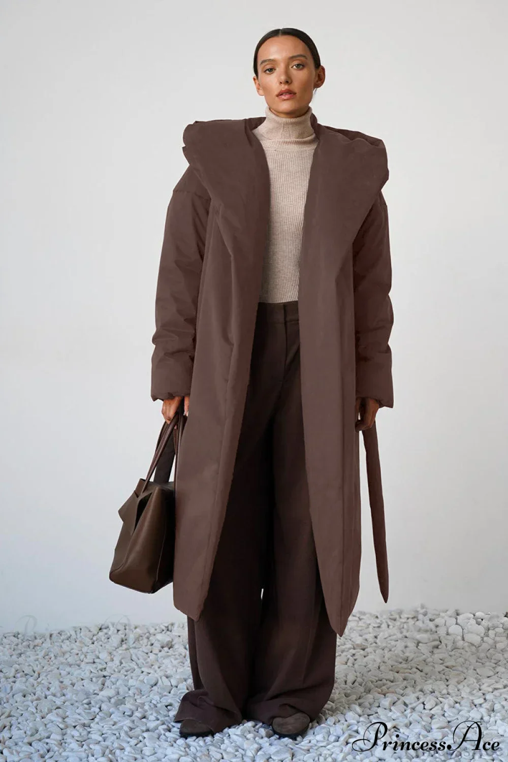 Solid Warm Long Hooded Belted Cotton Puffer Overcoat - Image 4