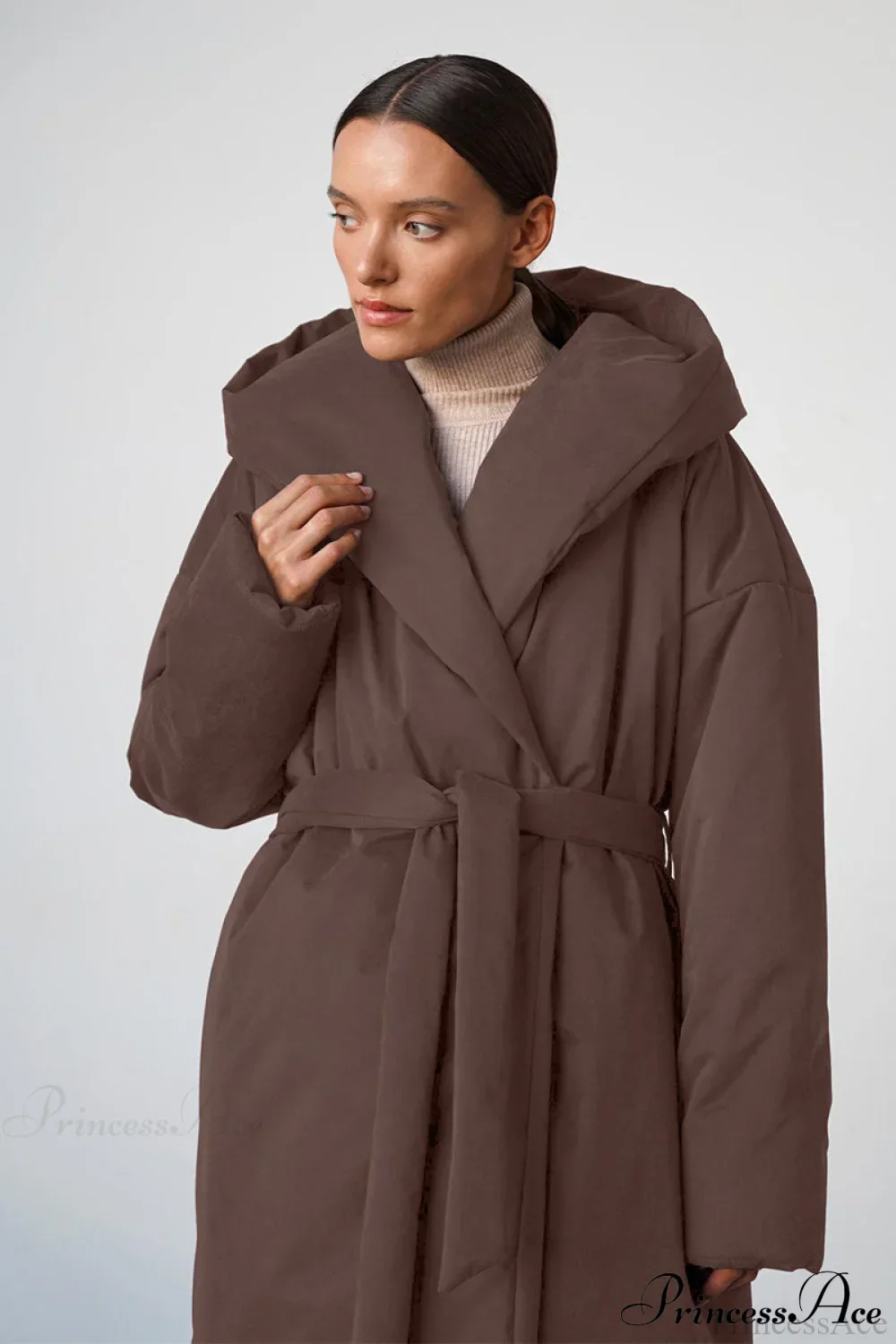 Solid Warm Long Hooded Belted Cotton Puffer Overcoat - Image 5