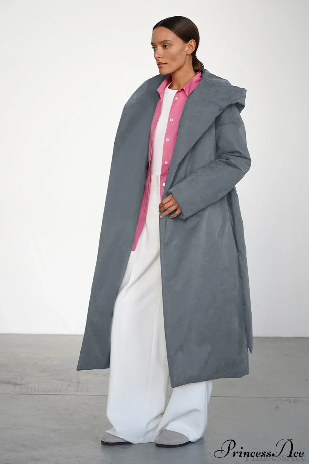 Solid Warm Long Hooded Belted Cotton Puffer Overcoat - Image 6