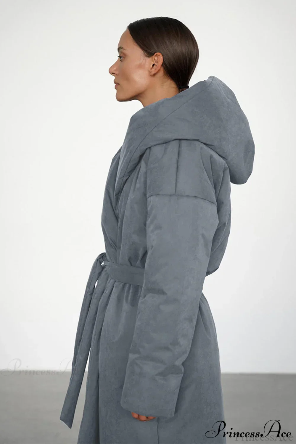 Solid Warm Long Hooded Belted Cotton Puffer Overcoat - Image 7