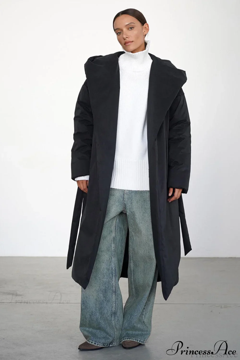 Solid Warm Long Hooded Belted Cotton Puffer Overcoat - Image 8