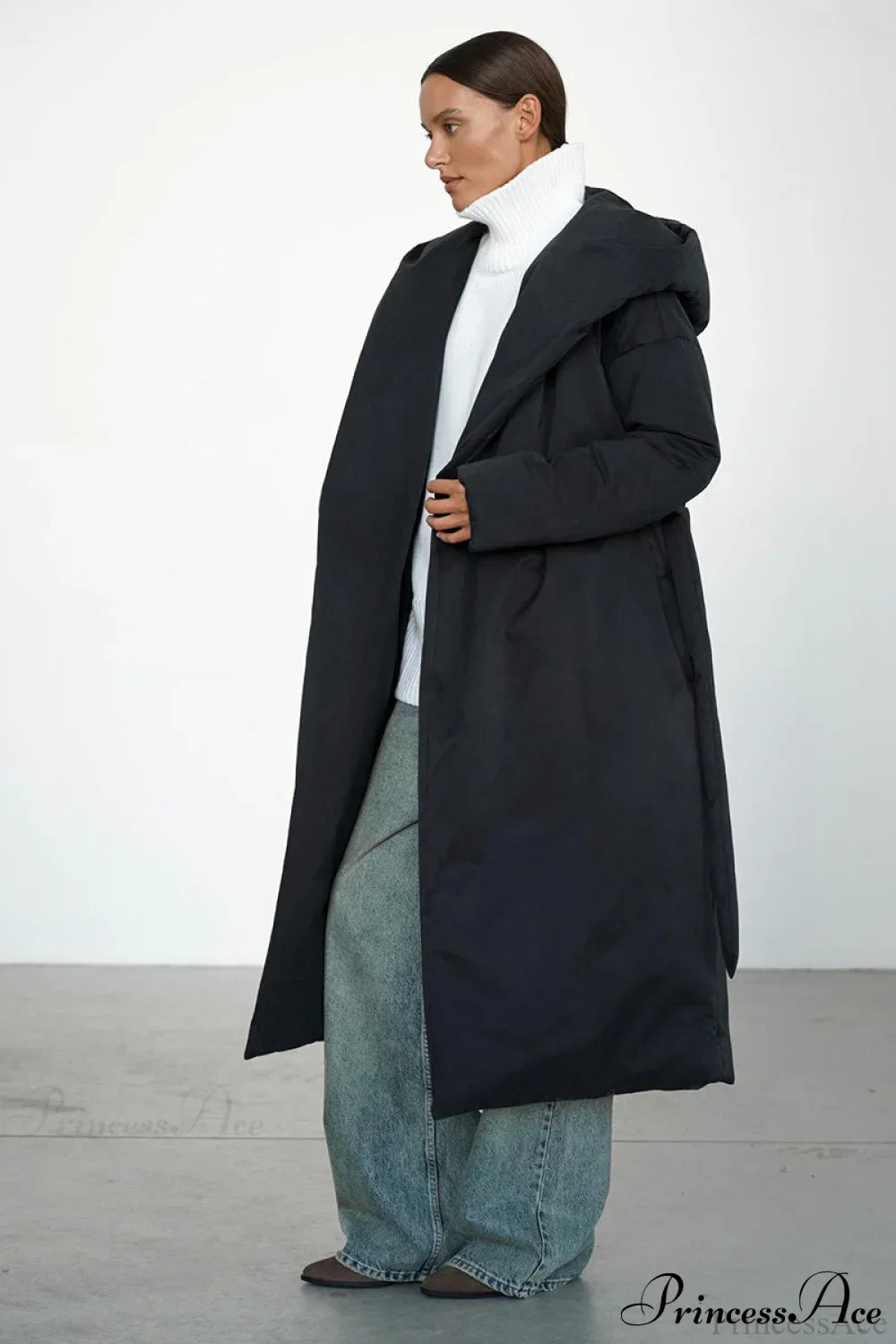 Solid Warm Long Hooded Belted Cotton Puffer Overcoat - Image 9