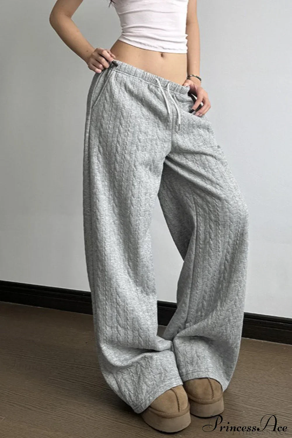 Solid Warm Wide Leg Tie Waist Pants - Image 3