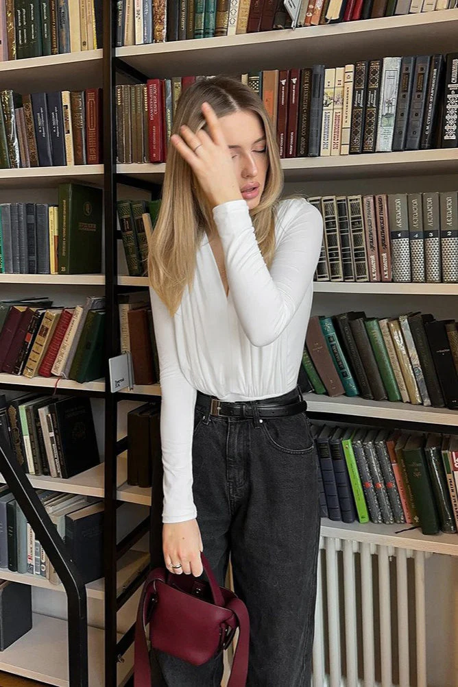 Solid White Ruched V Neck Long Sleeve Tee - Image 3