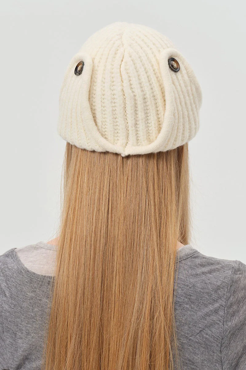Solid Wool Blend Irregular Button Knitted Hat - Image 3