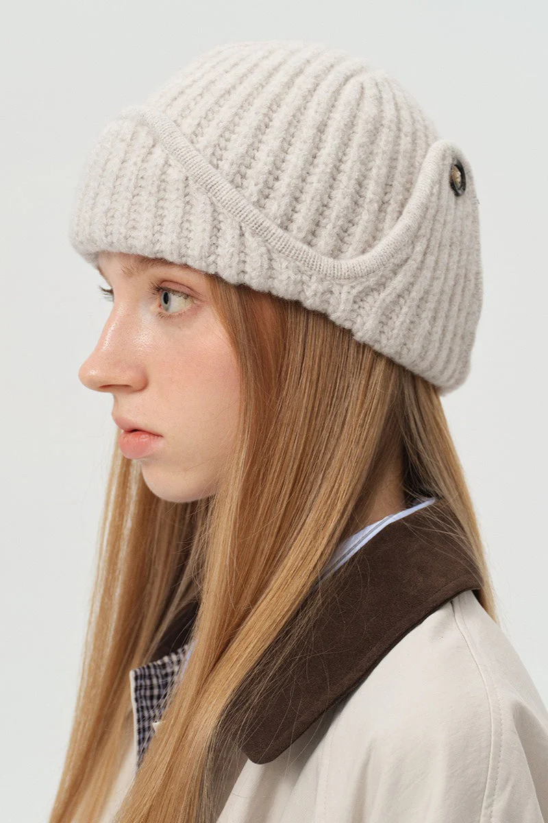 Solid Wool Blend Irregular Button Knitted Hat - Image 4