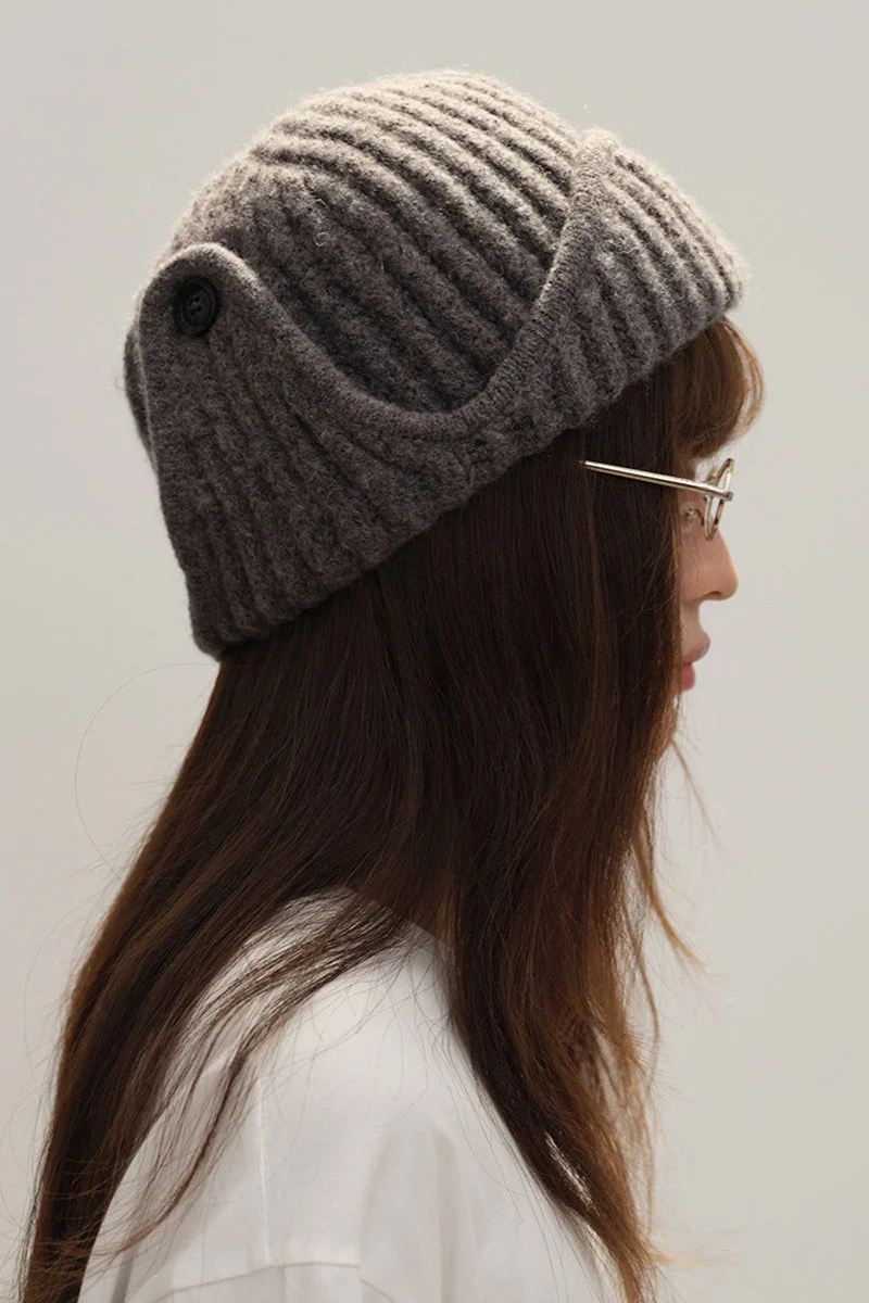 Solid Wool Blend Irregular Button Knitted Hat - Image 7